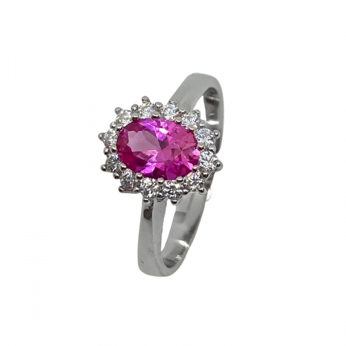 Anello argento modello Kate con pietra ovale fucsia e contorno zirconi bianchi